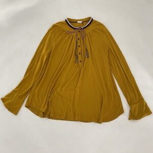 Akemi + Kin by Anthropologie‎ Large Womens Blouse Mustard Yellow Tunic Tassels